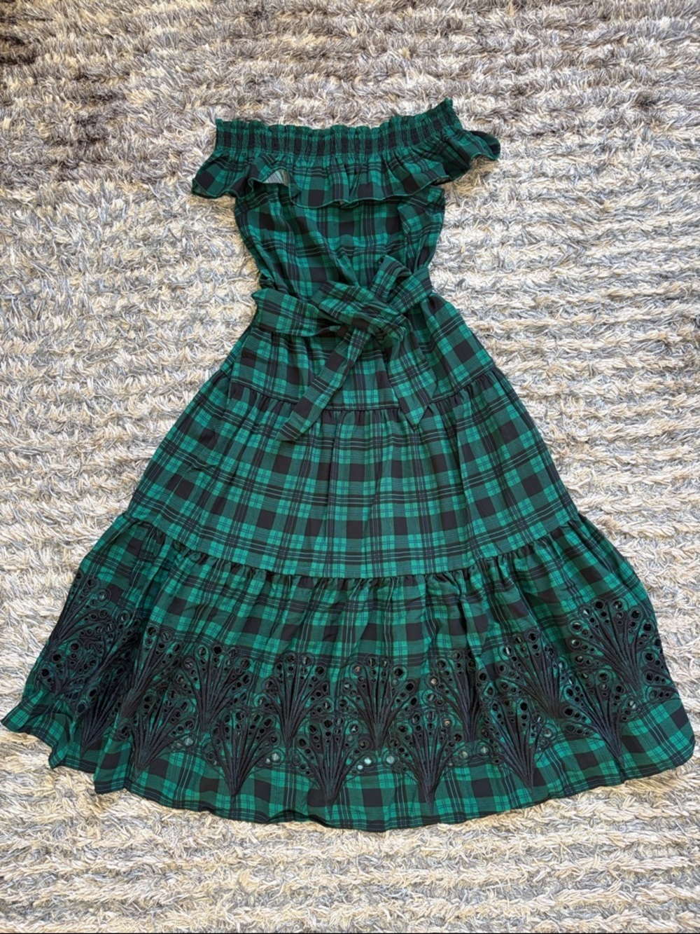 New Draper James Green and Black Plaid Off the Shoulder Ruffle Midi Dress XS